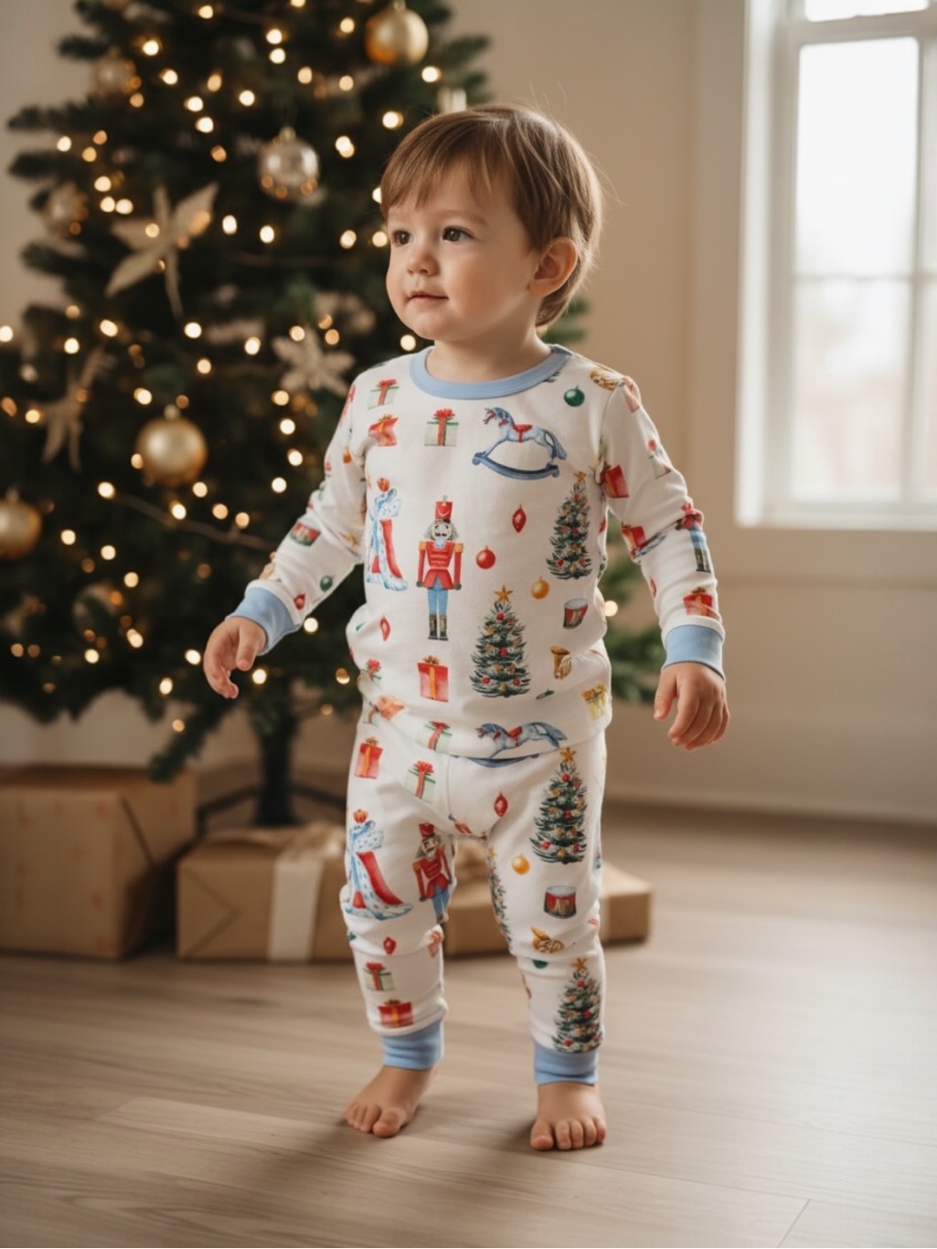 Cecil And Lou Light Blue Trim Holiday Horse Print Pajama Set